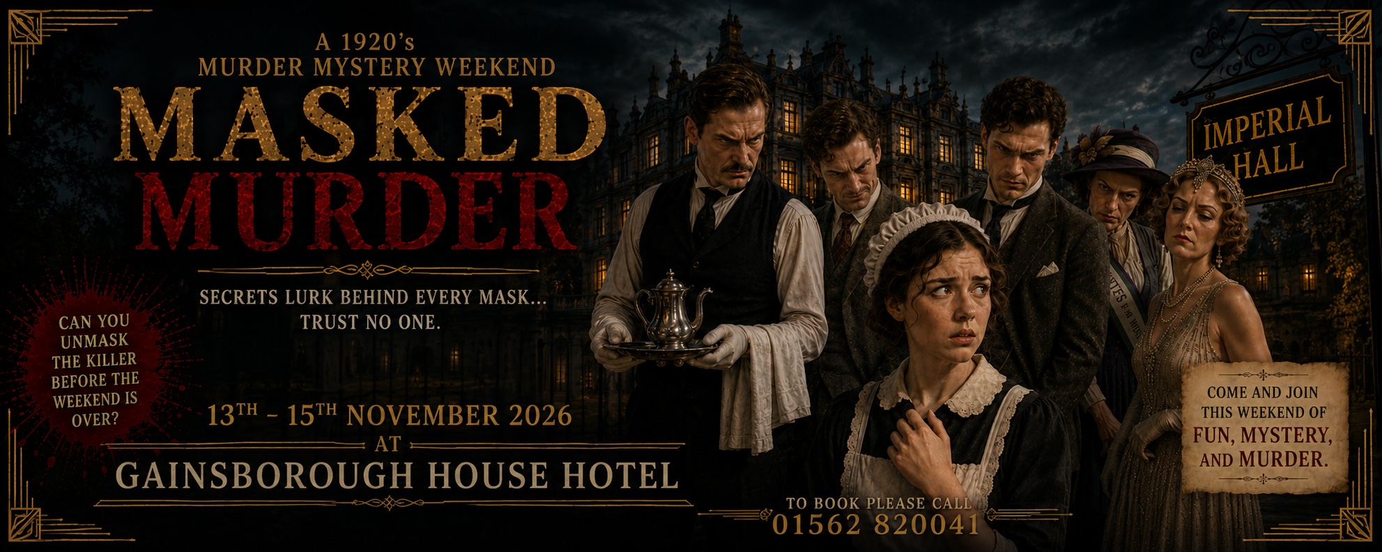 Masked Murder 1920s murder mystery weekend, 13 to 15 November 2026 at Gainsborough House Hotel