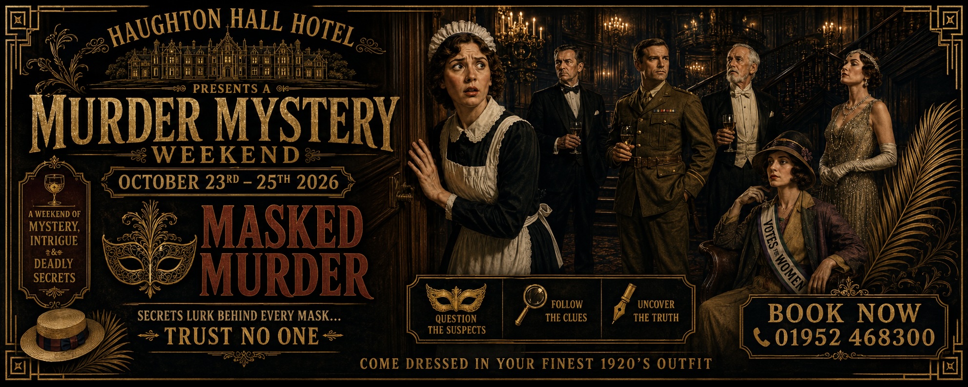 Masked Murder 1920s murder mystery weekend, 23 to 25 October 2026 at Haughton Hall Hotel