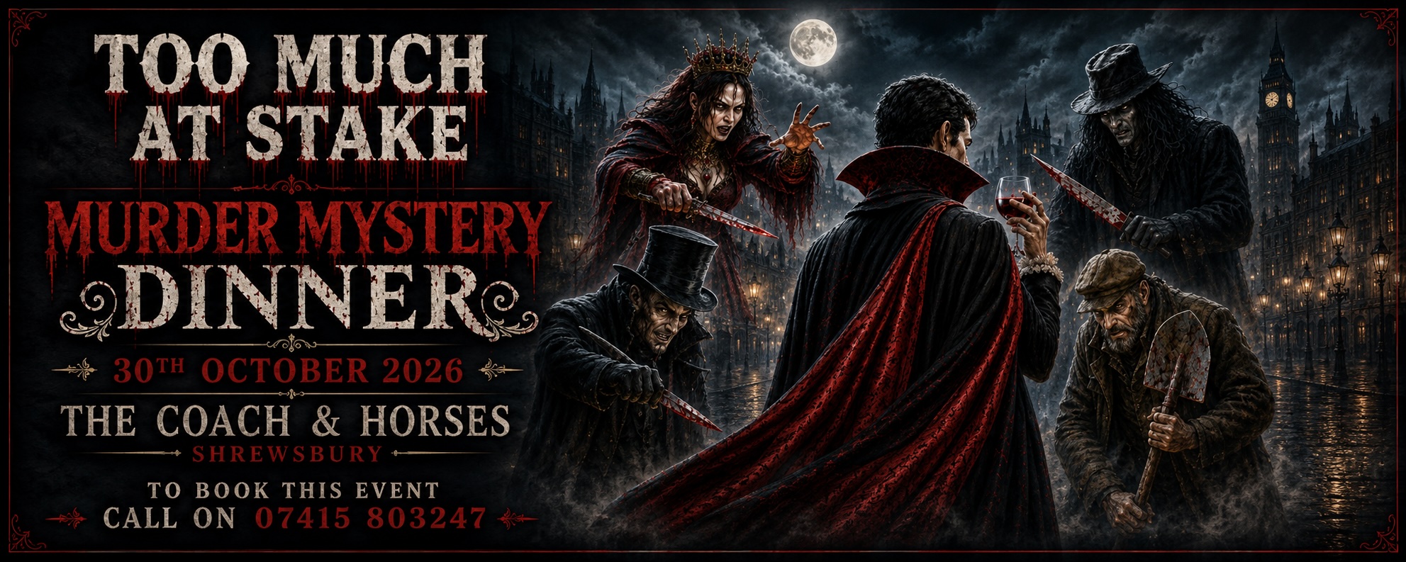 Too Much At Stake murder mystery dinner, 30 October 2026 at The Coach and Horses Shrewsbury