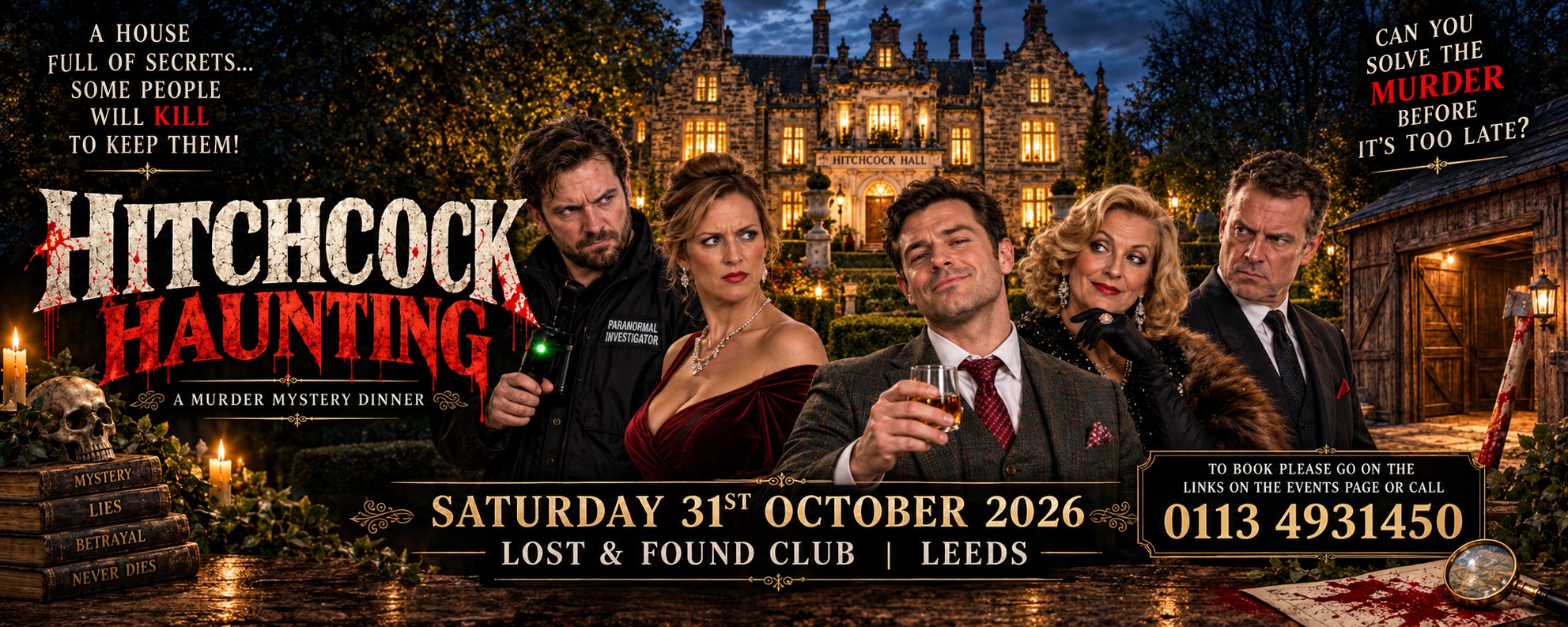 Hitchcock Haunting murder mystery dinner, 31 October 2026 at Lost and Found Club Leeds